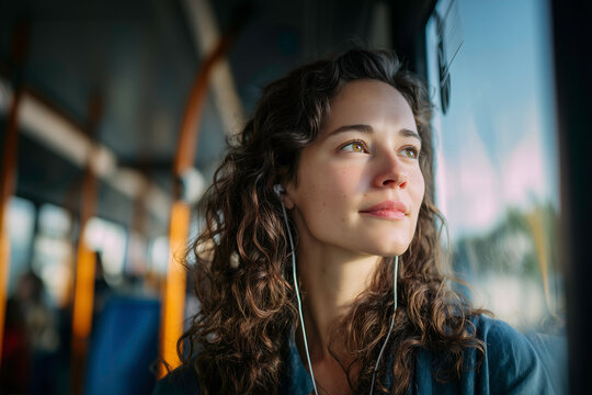 Beautiful woman in her thirties, standing on the bus, wearing earphones, bright interior of city public transport.