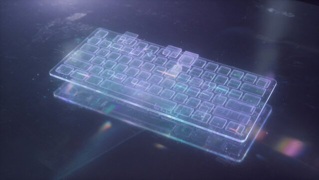 Overhead holographic keyboard floating over dark reflective surface cyan purple tech