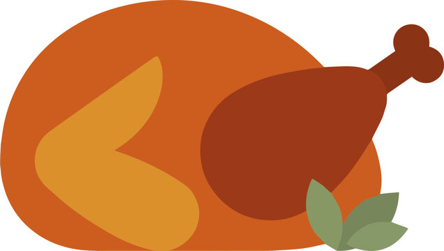 Minimalist roasted turkey icon for festive dining dinner menu design featuring cooked poultry meat with fresh garnish leaves for seasonal holiday celebration vector illustration