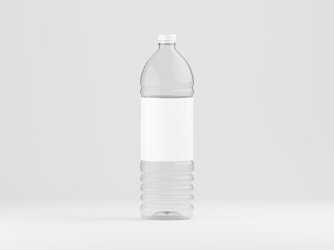3D Render Realistic Clear Plastic Water Bottle with Blank Label Mockup. 3D Render Empty Liquid Container Branding Template Mockup