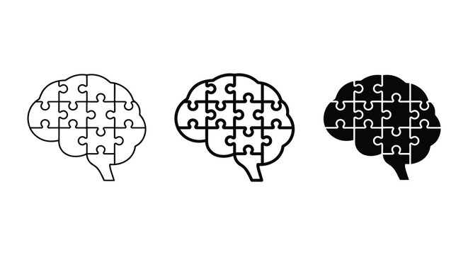 Puzzle shaped Brain Silhouettes Black And White Vector Illustration Set puzzle