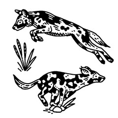Fototapeta premium Edgy raw line art of jumping wild hunting dogs, flash tattoo