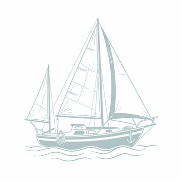 Sailboat illustration features a two-masted vessel with full sails, an anchor, and gentle waves, presented in a subtle light blue outline style on a white background.