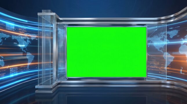 Virtual television news studio with green screen display. Digital broadcast background for current events and business report. Modern blue media production set for news reporting concept.