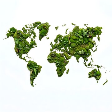 Detailed moss world map on white background showcasing continents with lush green texture