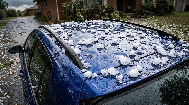 Large, damaging hailstones resting on the wet blue metallic roof of a car after a severe storm.