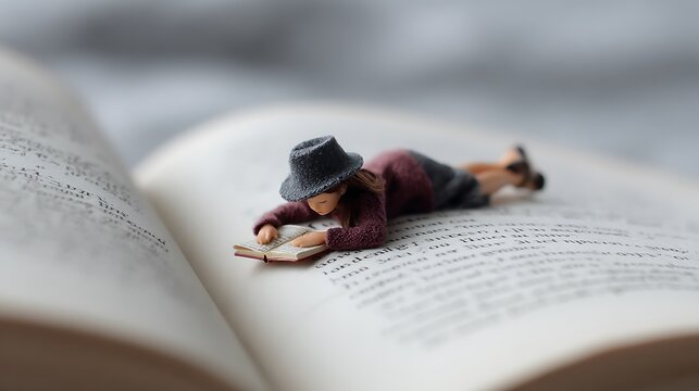 Miniature Figure Resting on Open Book Creative Reading Concept