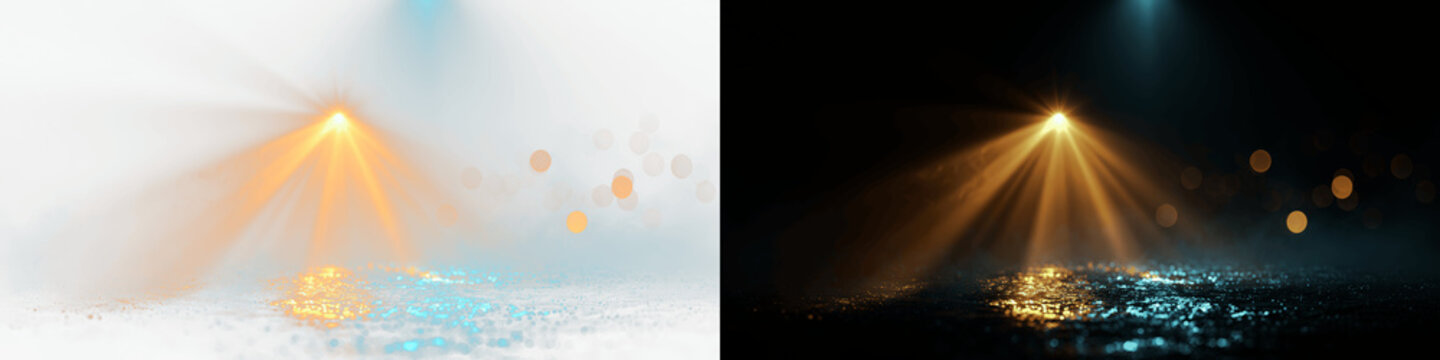 Abstract dark background with dramatic orange spotlight and blue bokeh light reflection, wet asphalt texture with glowing rays for cinematic night scene, technology concept and digital art display