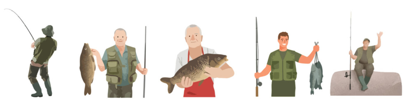 Fishermen Character Vector Set with Fishing Rods and Big Catch Fish, Outdoor Angling Sport Concept Isolated on White Background