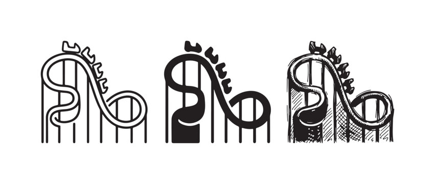 Roller Coaster Ride Icon Set: Outline, Solid Silhouette, and Hand-Drawn Sketch Styles for Amusement Park Attraction