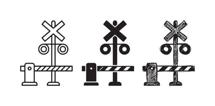Railroad Crossing Barrier Icon Set in Outline, Solid, and Hand-Drawn Sketch Styles