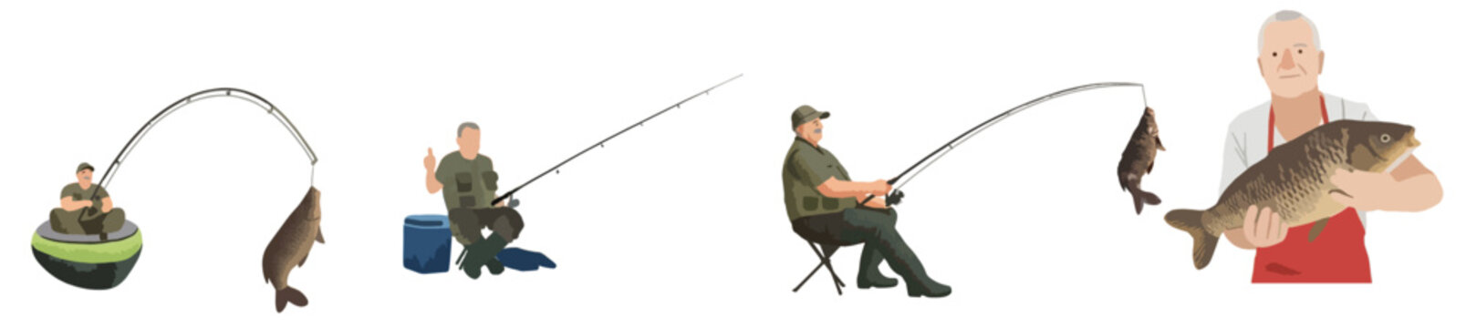 Fishermen Character Vector Set with Fishing Rods and Big Catch Fish, Outdoor Angling Sport Concept Isolated on White Background