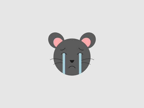A simple flat illustration of a sad grey mouse face emoji with stream-like tears crying down from its eyes and a downturned frown mouth