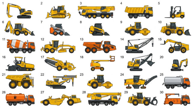 Set of 30 construction vehicles and heavy machinery illustrations