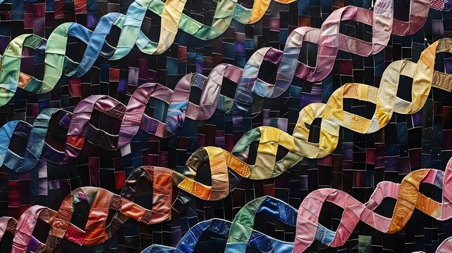 Intricate mosaic art featuring colorful overlapping ribbons in a complex woven pattern with glossy textures and vibrant multicolor leather strips