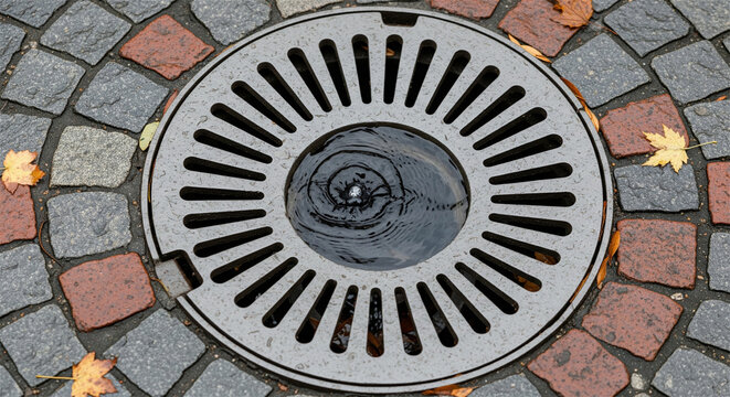Water swirling down a circular drain grate on a cobblestone path with autumn leaves