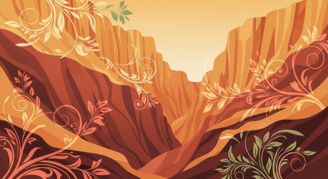 A vibrant, colorful autumn landscape with orange and brown hues, featuring a mountain range with intricate floral patterns and a warm, inviting atmosphere.