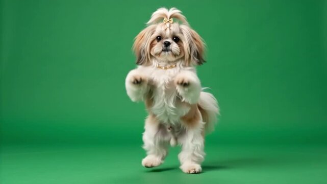 Shih Tzu dog dancing and waving its paws while standing on a green screen background