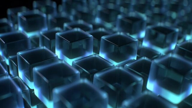 Translucent glowing cubes arranged in a glossy futuristic style on a dark background, concept of technology and innovation
