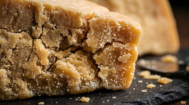 Macro close up shot of aged parmesan cheese block showing crystallized texture and crumbs