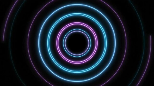 Abstract neon glowing circles tunnel in blue and purple colors looping on black background