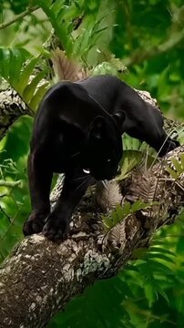 Black panther crouching on tree branch in lush green jungle, looking around with open mouth.