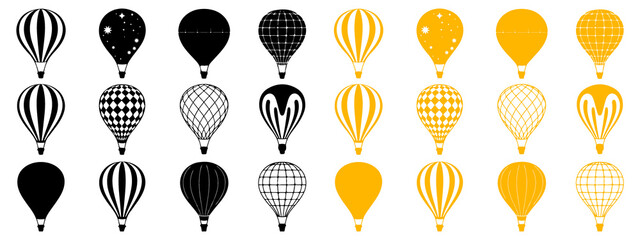 Collection of black and yellow hot air balloon with various patterns and © MOHAMMADTORIQUL
