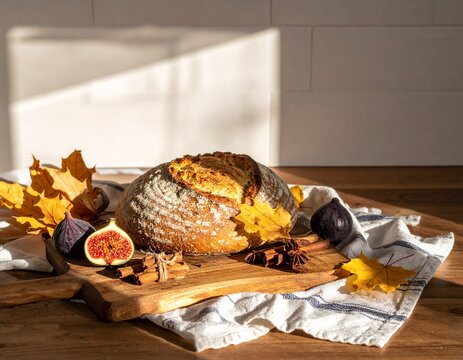 Autumn Artisan Bread Rustic Still Life with Freshly Baked Loaf