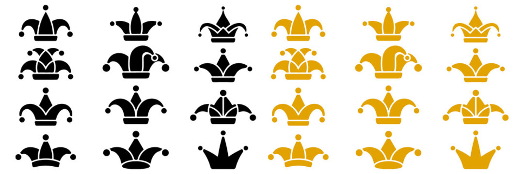 Collection of jester hats and crowns in black and gold symbol