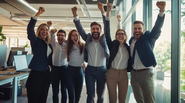 Professionals display high spirits and unity as they celebrate a successful corporate victory.