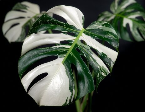 Striking Monstera Albo leaf with beautiful green and white variegation. The detailed tropical foliage stands out dramatically against a black background, perfect for elegant modern designs.