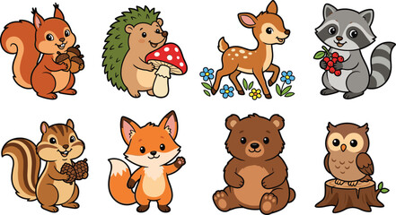 Obraz premium Cute Woodland Forest Animals Cartoon Character Collection Vector Illustration Set
