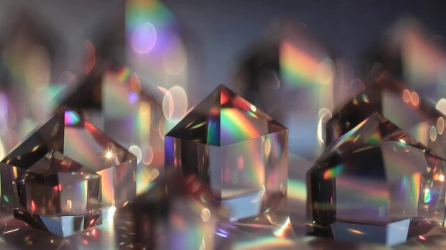 Colorful crystal prisms refracting light in macro style on a soft blurred background, symbolizing clarity and luminous beauty