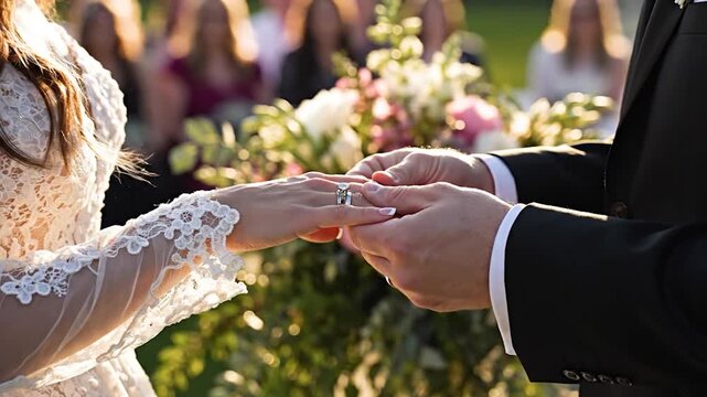 A symbolic wedding ring exchange during a beautiful ceremony