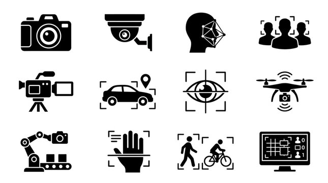 Artificial intelligence computer vision icon set for face recognition, smart monitoring, and automated tracking systems for digital security