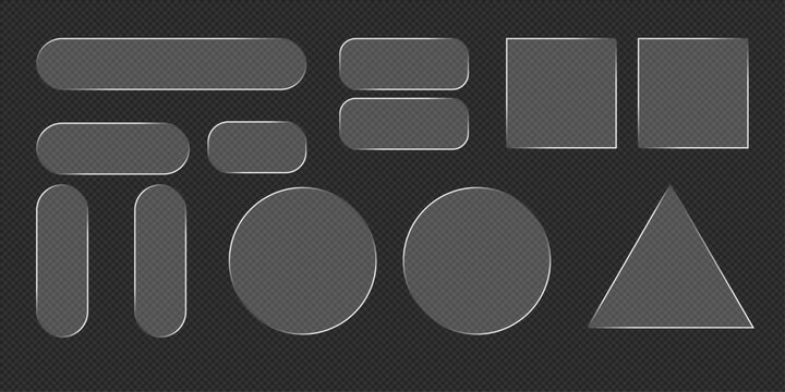 A collection of various geometric shapes featuring a modern glassmorphism design style with frosted transparent effects and soft glowing borders on dark background