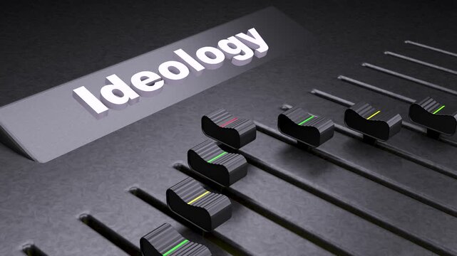 Ideology text on professional audio mixer console, adjusting political ideology and social beliefs, control panel with faders for conceptual influence