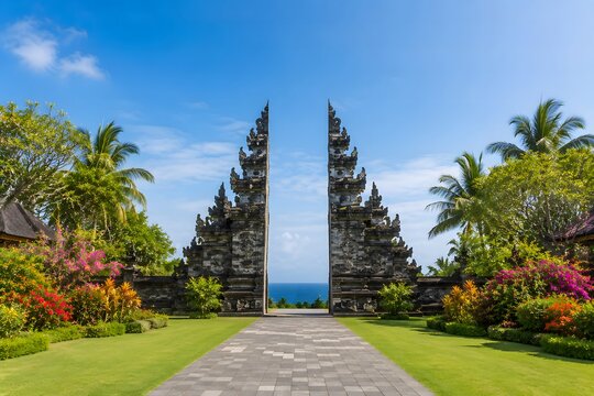 Balinese split gate temple entrance with ocean view and tropical garden photography