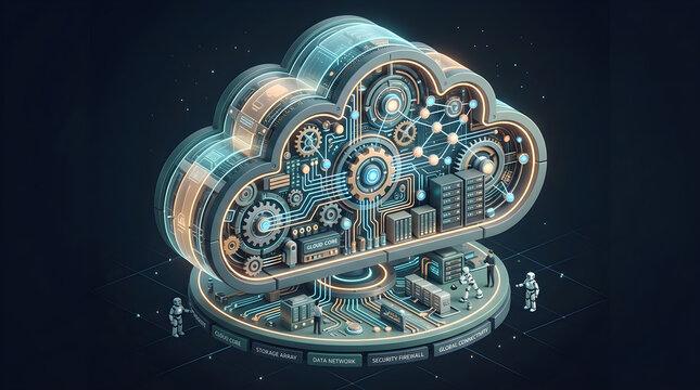 Futuristic cloud computing infrastructure with mechanical gears, server racks, and robotic figures in a hightech environment