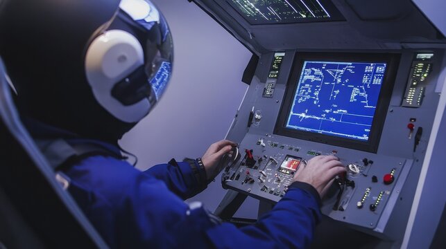 Astronaut pilot operates the complex navigation system inside a high tech flight simulator module.