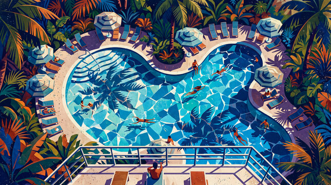 Vibrant aerial top view digital raster graphic illustration depicting a luxury tropical resort swimming pool with blue water people swimming lounge chairs and palm tree foliage