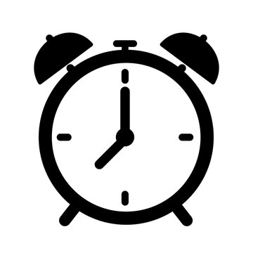 Alarm clock vector icon symbol for time management wake up schedule deadline alert black silhouette isolated on white background