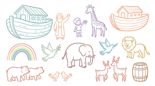 Noah's Ark story elements doodle illustrations featuring various animals, a rainbow, and the ark itself, rendered in a charming pastel outline style.