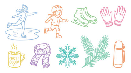 Fototapeta premium Winter ice skating activities and cozy cold weather items collection featuring charming hand-drawn outline illustrations for seasonal themes.