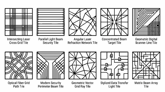A collection of ten distinct square tiles featuring intricate geometric and technological line patterns.