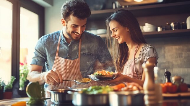 Couple enjoys cooking a fresh dinner together in a modern home kitchen with warm ambient lighting.