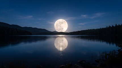 Full moon rising over a dark lake. Night landscape with lunar reflection on calm water. © Aishy
