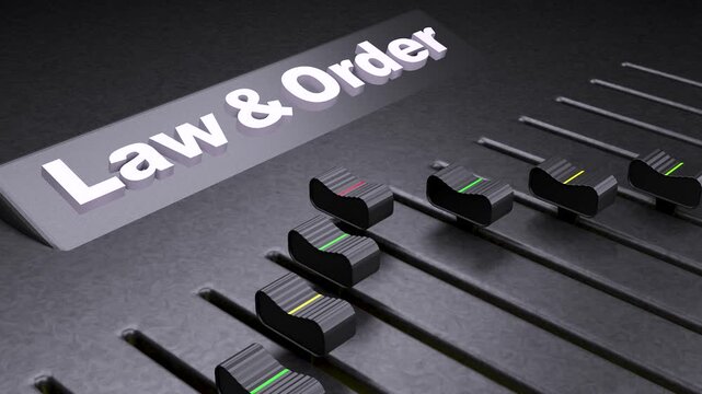 Law and Order text on professional audio mixer, sound board faders adjusting justice and legal system balance, conceptual judicial control console