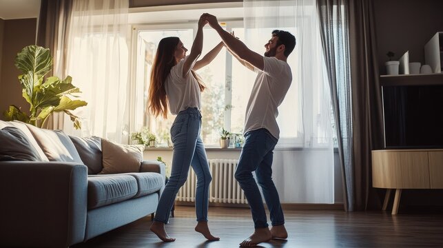 Couple enjoys a playful dance together in their bright and spacious living room at home.