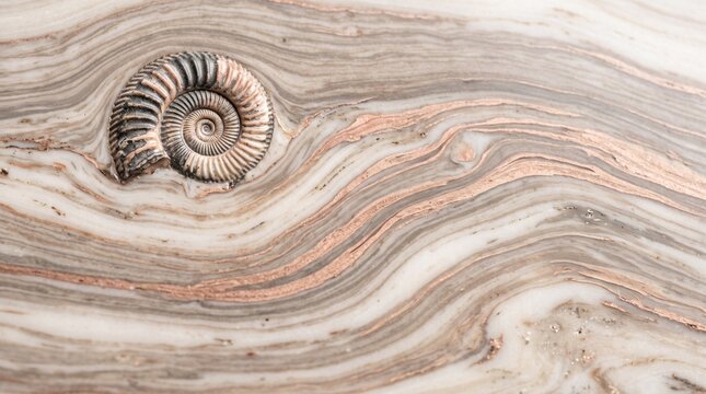Close-up of an ancient spiral ammonite fossil embedded in natural marble stone, showcasing intricate texture and organic patterns for design use.